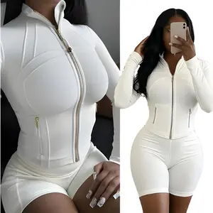 BreathableElasticityGymSet-Women's2PieceWorkoutSetZip-UpJacket&Shorts-CasualActivewearforFitness&AthleisureTrend