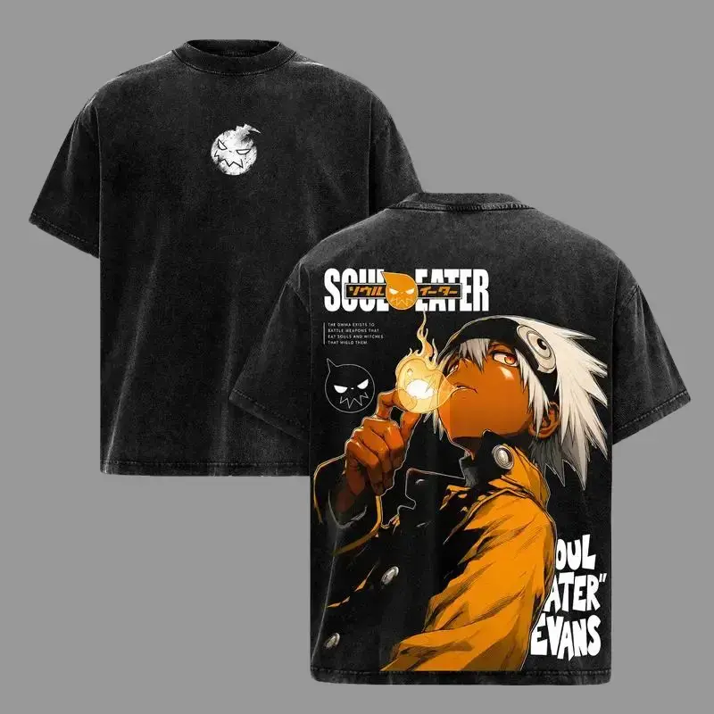 Men's Soul Eater Soul Evans Demon Weapon Scythe Double Printed Graphic Tee - Heavy Cotton Stone Wash Oversized Vintage Streetwear, Machine Washable Round Neck Casual Top, Y2K Japanese Manga Grunge Aesthetic Anime Lover Gift