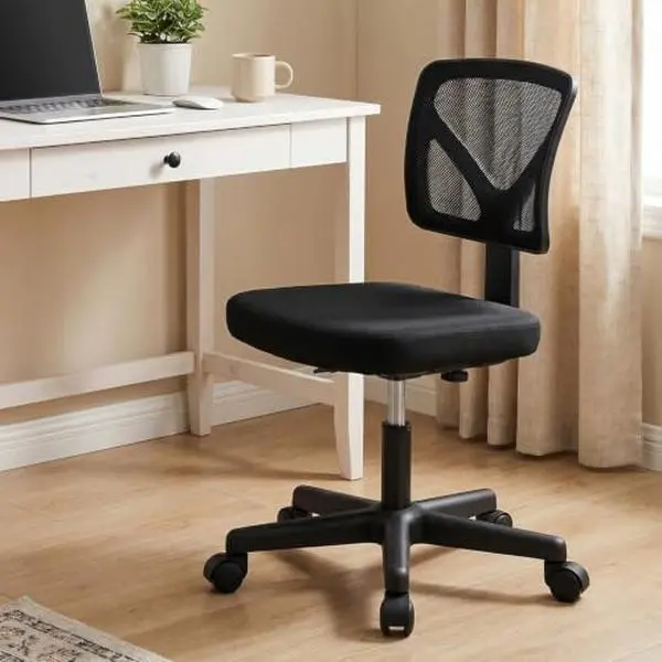 Small Armless Desk Chair, Mesh Rolling Office Chairs | Adjustable Ergonomic Lumbar Support, Low-Back, Swivel Wheels, Home Work, Bedroom, Study, Student, Adults, New Black