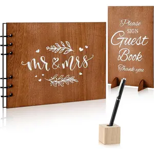 Wooden Wedding Guest Book with Pen and Holder Table Reception Sign Wooden Guestbook Registry Album 50 Pages for Decorative for Wedding Anniversary Birthday Engagement Supplies(Fresh)