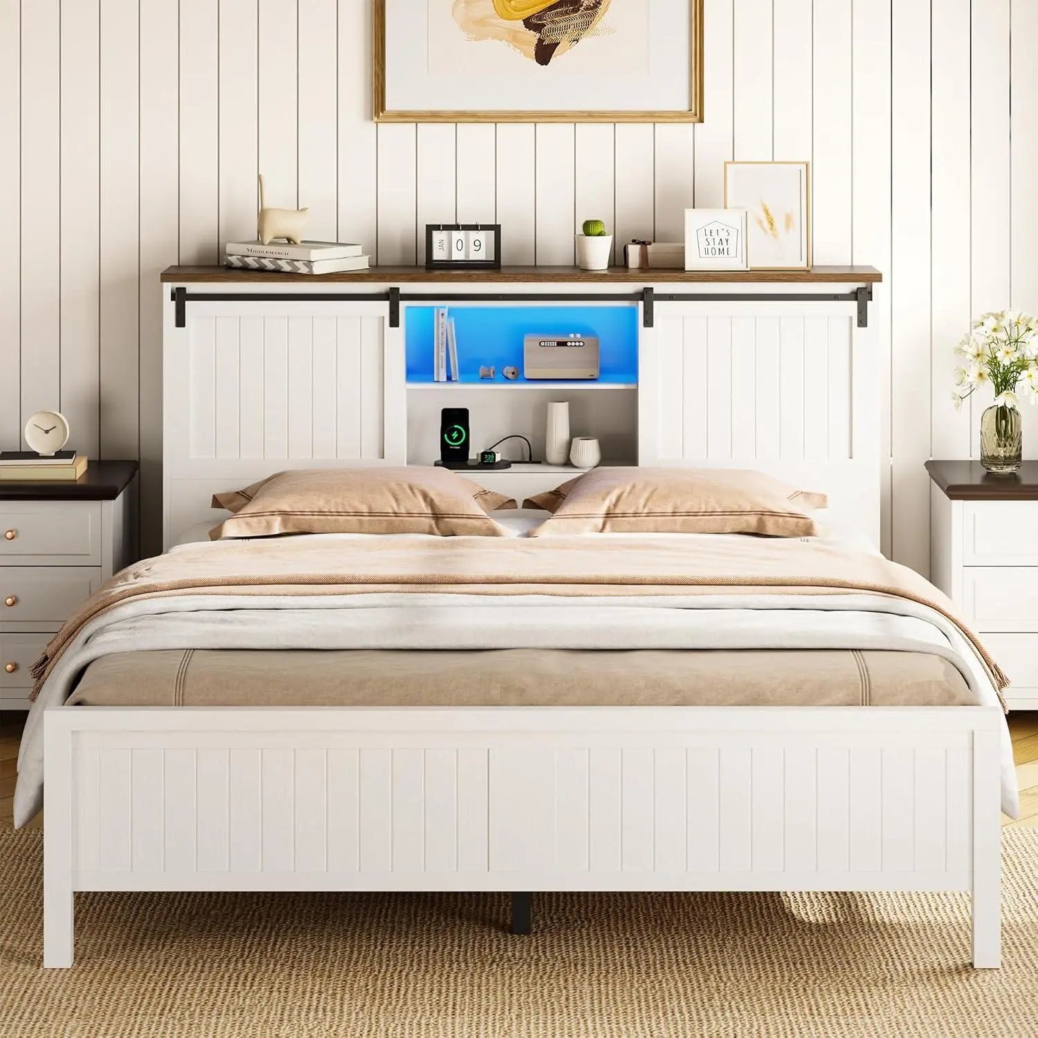 Farmhouse Bed Frame with LED Lights and Charging Station-Full