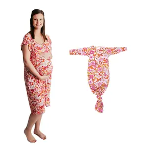 Three Little Tots Mommy & Me - Labor and Delivery Nursing Maternity Gown with Knotted Baby Gown Wild Child Flower Pattern