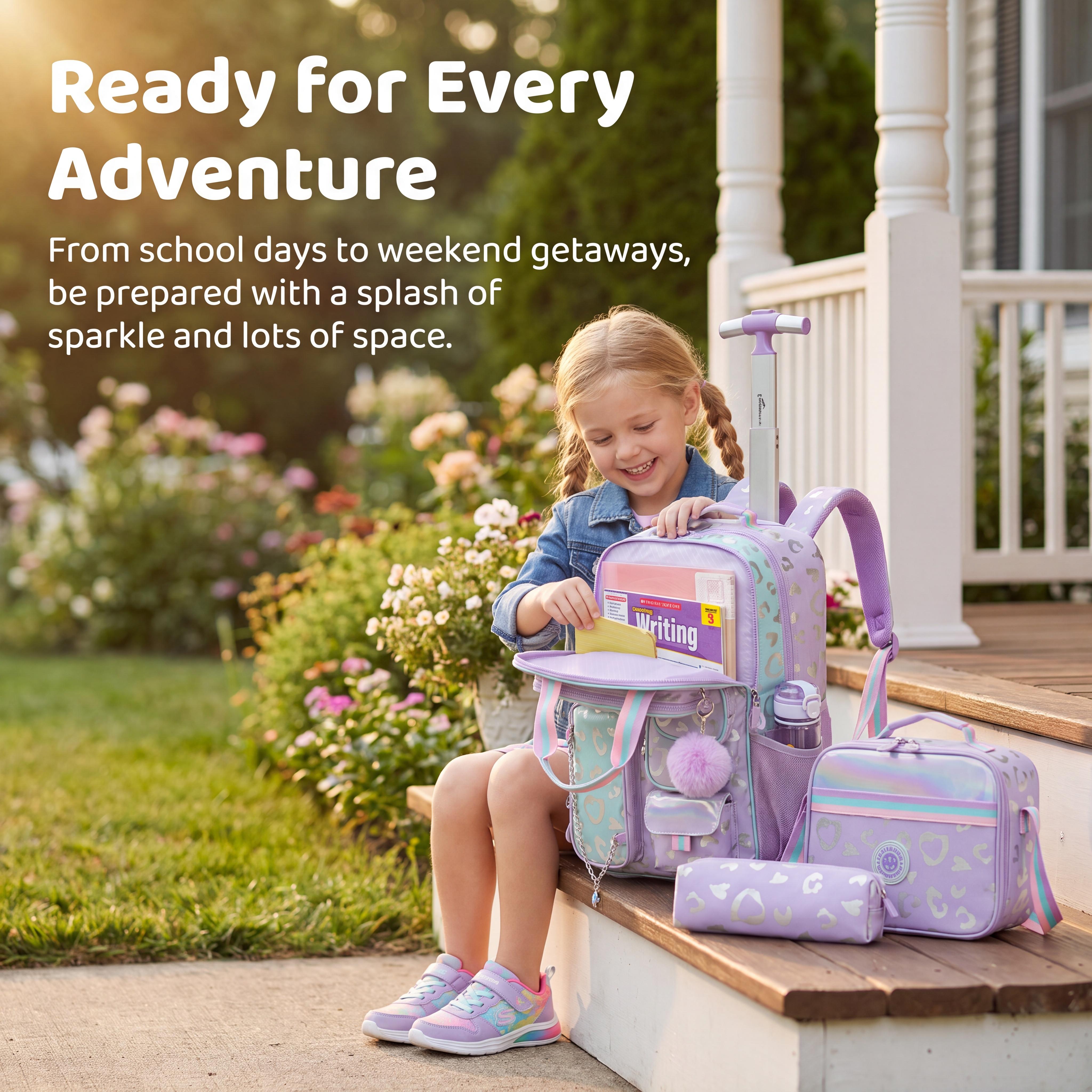 Lavender Purple 3-Piece Rolling Backpack Set for School Use - Polyester Preppy Holiday Trolley Bookbag with Metallic Leopard Heart Print, Multi-Pocket Utility Pouches, Purple Pom Pom, Insulated Lunch Bag & Pencil Case