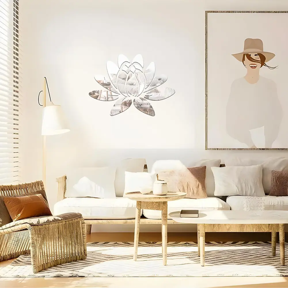 1 Set Lotus Flower 3D Acrylic Wall Sticker, Silver Mirror Effect Wall Decal, Home Living Room Bedroom Wall Art Decor