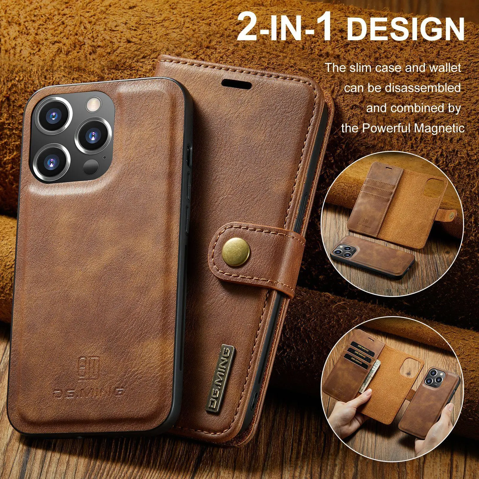 2 IN 1 Detachable Leather Case for iPhone 11 12 13 14 15 16 17 Pro Max Mini X XR 6 7 8 Plus SE Magnetic Card Holder Wallet Cover