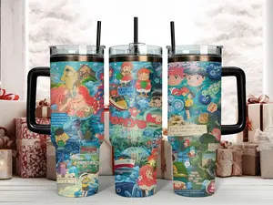 Studio Ghibli Ponyo on the Cliff by the Sea Cinematic Collage Tumbler - 40oz Insulated Stainless Steel Travel Mug with Handle & Straw - Featuring Ponyo, Sosuke, Ocean Magic & Ramen Scenes for Miyazaki Anime Fans