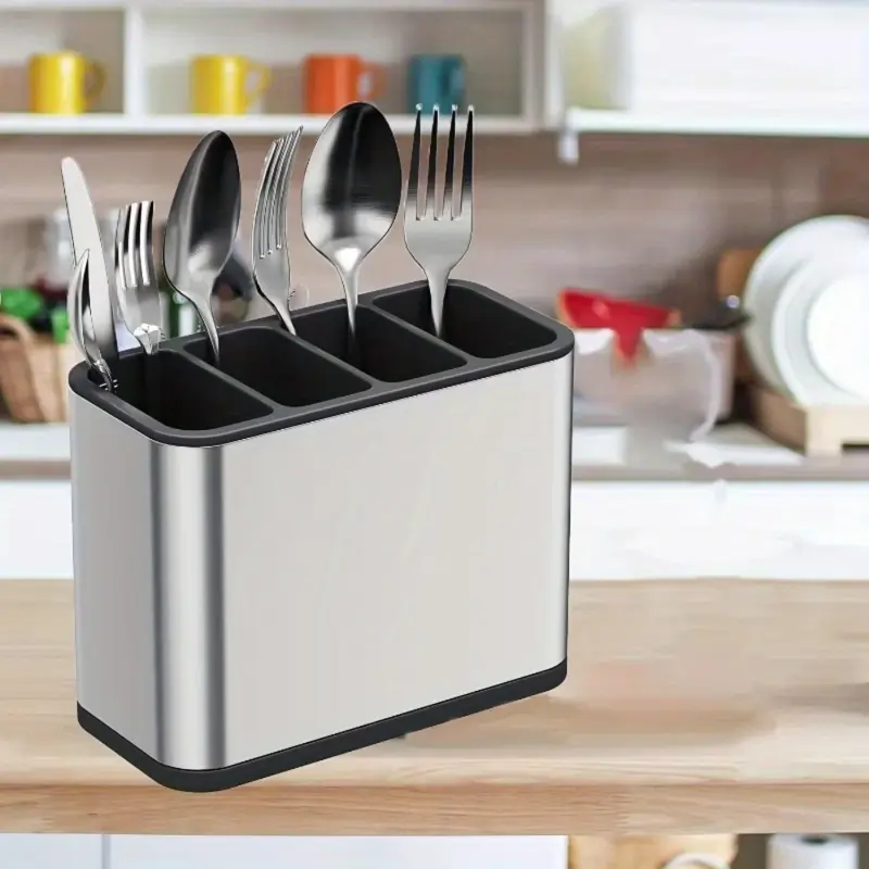 Stainless Steel Rectangular Tabletop Kitchen Cutlery Organizer - 18×13×8.6cm Plastic Drainable Container, Knife Holder, Silver Tray for Knives,Spoons,Forks,Chopsticks (Chopsticks Stay Put) - 1x Utensil Holder