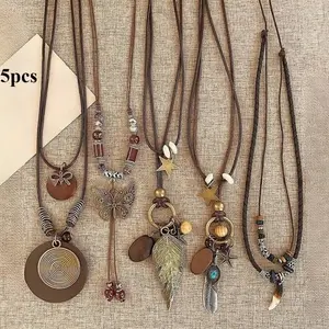 5pcs Bohemian Vintage Necklace Set for Women - Layered Y-Drop Choker with Feather, Leaf, Butterfly & Star Pendants, Maillard Color Palette (Brown/Black/Blue/Green/Red) - Elegant Everyday & Party Jewelry Gift for Birthdays, Anniversaries