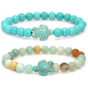 2 Pieces Beads Bracelets  Women Natural Stone Bracelet Turquoise Turtle Bracelet Adjustable Stretch Beaded Bracelets