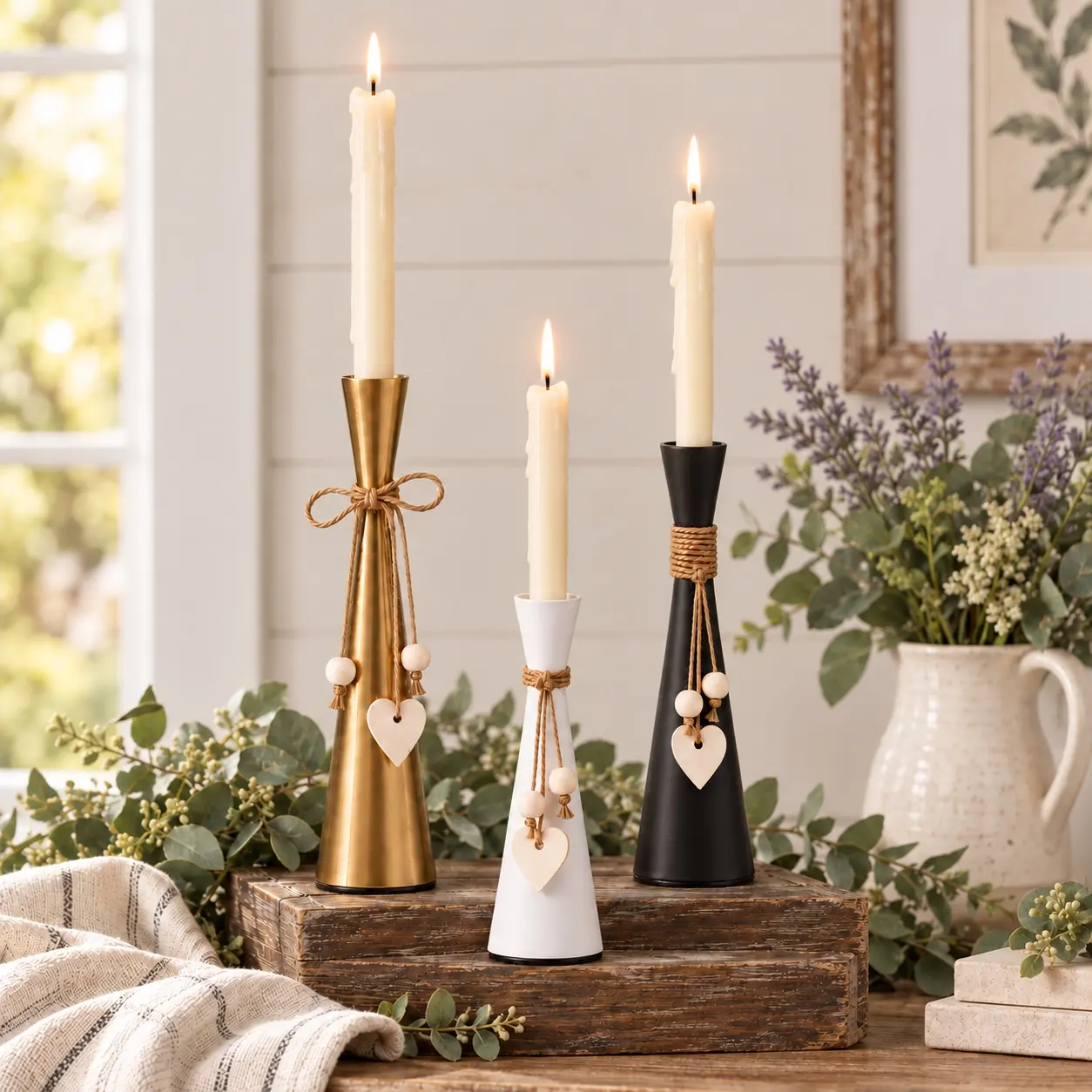 3 Piece Taper Candle Holder Set, Black White Gold Metal Candlestick Holders, Hourglass Design, Modern Farmhouse & Vintage Home Decor, Table Centerpiece for Dining Room, Mantel, Wedding & Holiday Styling