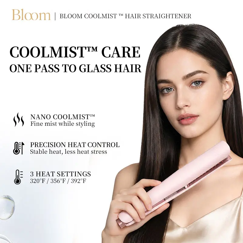 Bloom Nano CoolMist Care Hair Straightener, Glass Hair Flat Iron for Sleek, Shiny, Frizz-Looking Hair, 3-in-1 Styling, Detachable Comb,  Precision Heat Control, 3 Heat Settings, Less Heat Damage to Hair