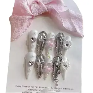 H20 Style Rhinestone & Faux Pearl Decor Fake Nails,10pcs/set Fashion Press on Nails for Women & Girls DIY Nail Art