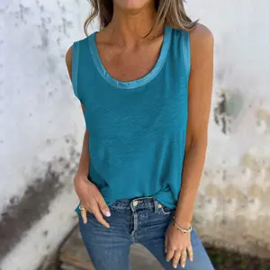 Women's Peacock Blue Metallic Sheen Edge Scoop Neck Tank Top, Casual Loose Fit Sleeveless Top with Shiny Trim for Daily Streetwear, Summer Vacation & Layering Outings