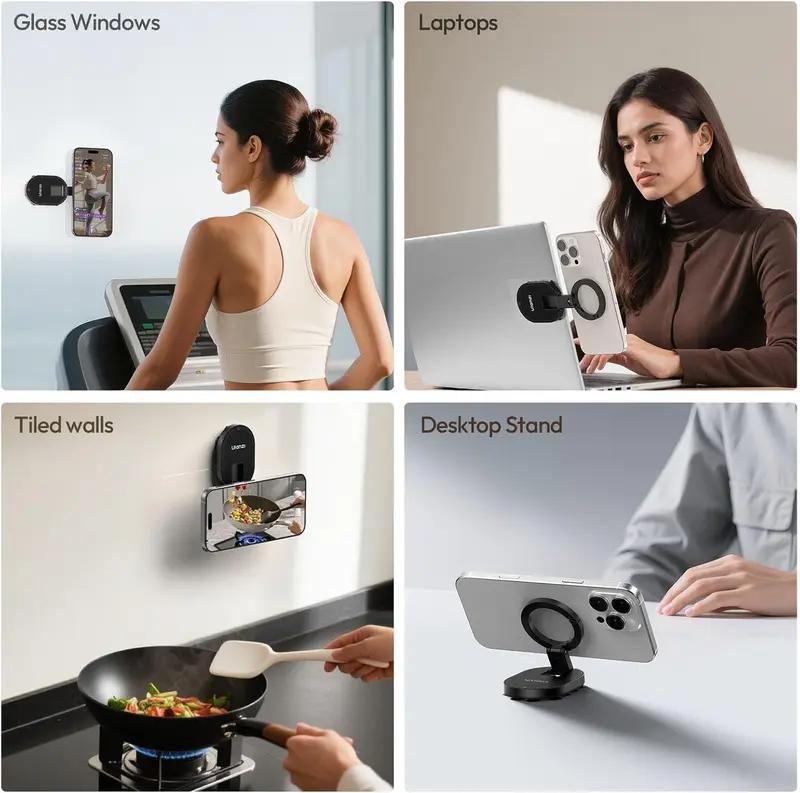 3-in-1 Suction Magnetic Phone Holder for MagSafe, 360° Rotatable Phone Tripod Mount with Carabiner Clip, Compatible with iPhone 17-12, Ideal for Car Dashboard, Gym, Kitchen, Office