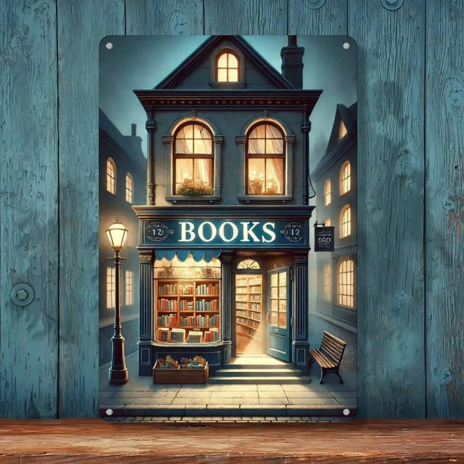 Vintage Town Bookstore Street Night Scene Tin Sign 8x12in Book Lover Cottage Wall Decor Metal Tin Sign