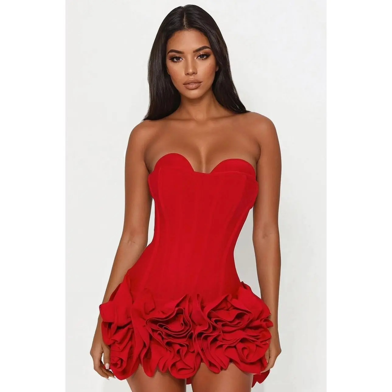 Women's Blessed Beauty Corset Ruffle Rosette Spandex Padded Bandage Mini Dress - Red, with Zipper, Strapless