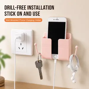 2/4Pcs Wall MounPhone Holder Adhesive Wall Phone Mount Charging Stand and Remote Control Stand Multipurpose Socket Pocket Universal Deck Storage Box for Bedroom, Kitchen, Bathroom, Office dealsforyou summerwins