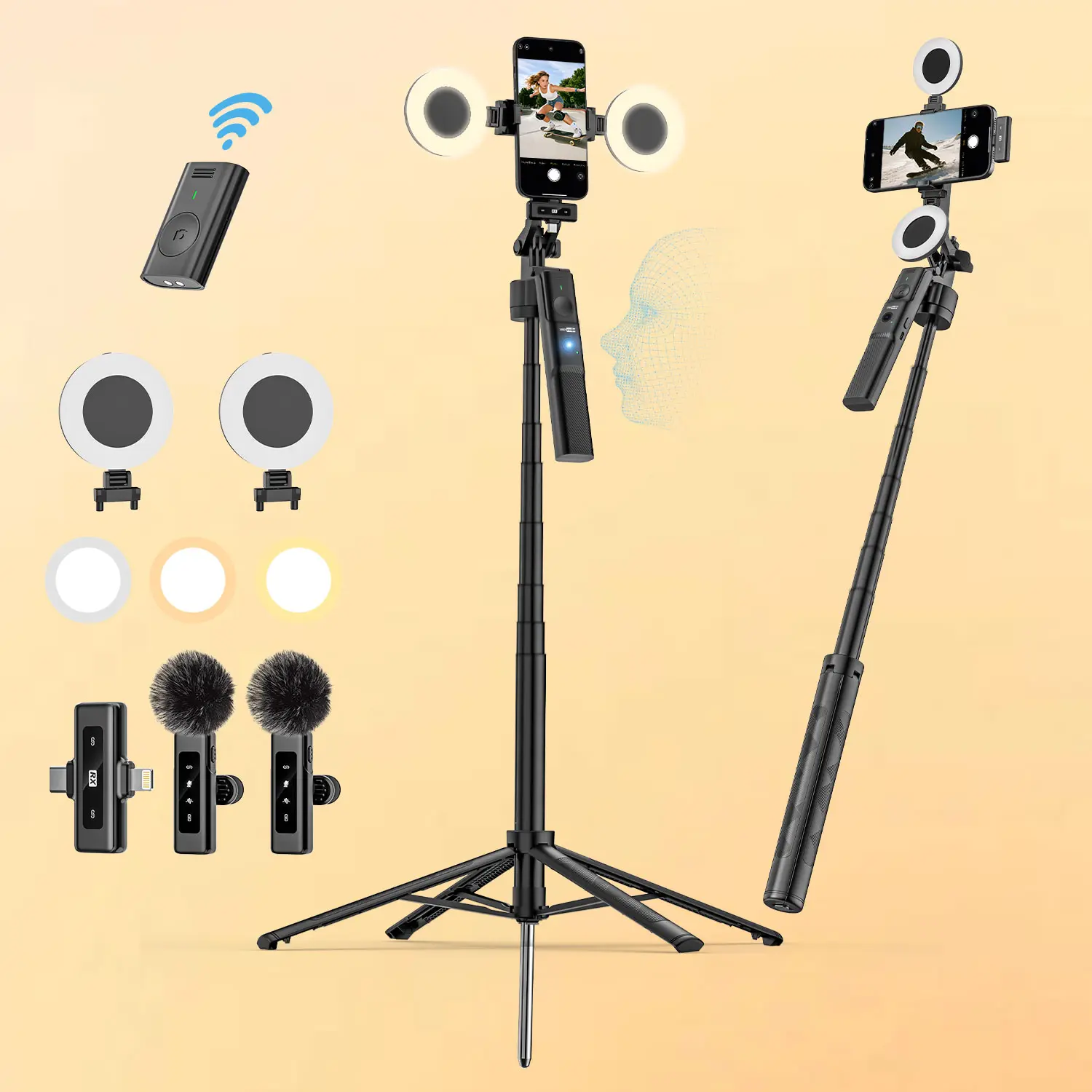 USKEYVISION R01 All-in-1 Plastic Mobile Vlogging Combo - 2-Light Selfie Stick Tripod, Wireless Lavalier Mic, Cellphone Accessories for Content Creators (Live Streaming, Video Recording) Compatible with iPhone/Android Smartphones