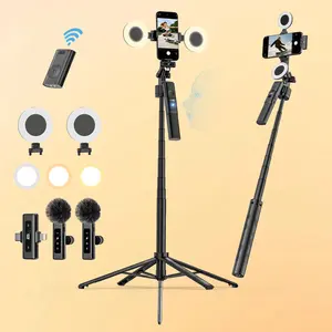 USKEYVISION R01 All-in-1 Vlogging Combo - Plastic Cellphone Accessories, 2-Light Selfie Stick Tripod, Wireless Lavalier Mic for Content Creators (Live Streaming, Video Recording) Compatible with iPhone/Android Smartphone