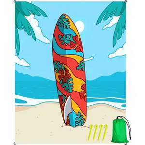 Oversized 106"x81 Sandproof Beach Blanket, Extra Large Sandfree Beach Sheet for Up to 8 People, Big Beach Mat with Sand Bags and Stakes, Surfboard Pattern