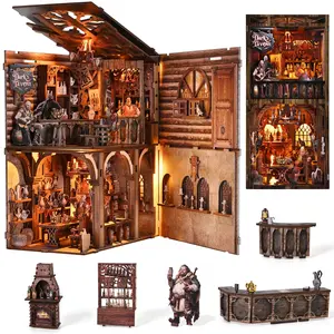 Book Nook Kit, DIY Miniature Dollhouse Kit for Adults and Teens, Booknook Tiny House Kit Bookshelf Decoration 3D Wooden Puzzle Bookend (Dark's Tavern)