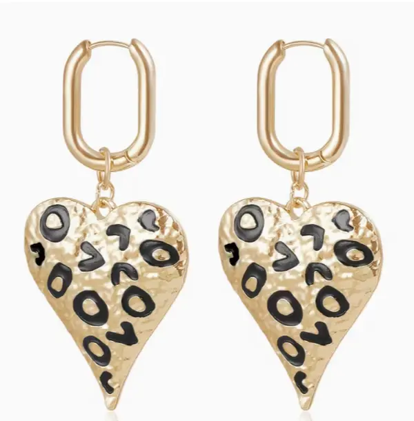 Women's Hammered Texture Heart Shape Leopard Print Drop Earrings - Fashion Costume Jewelry Accessories