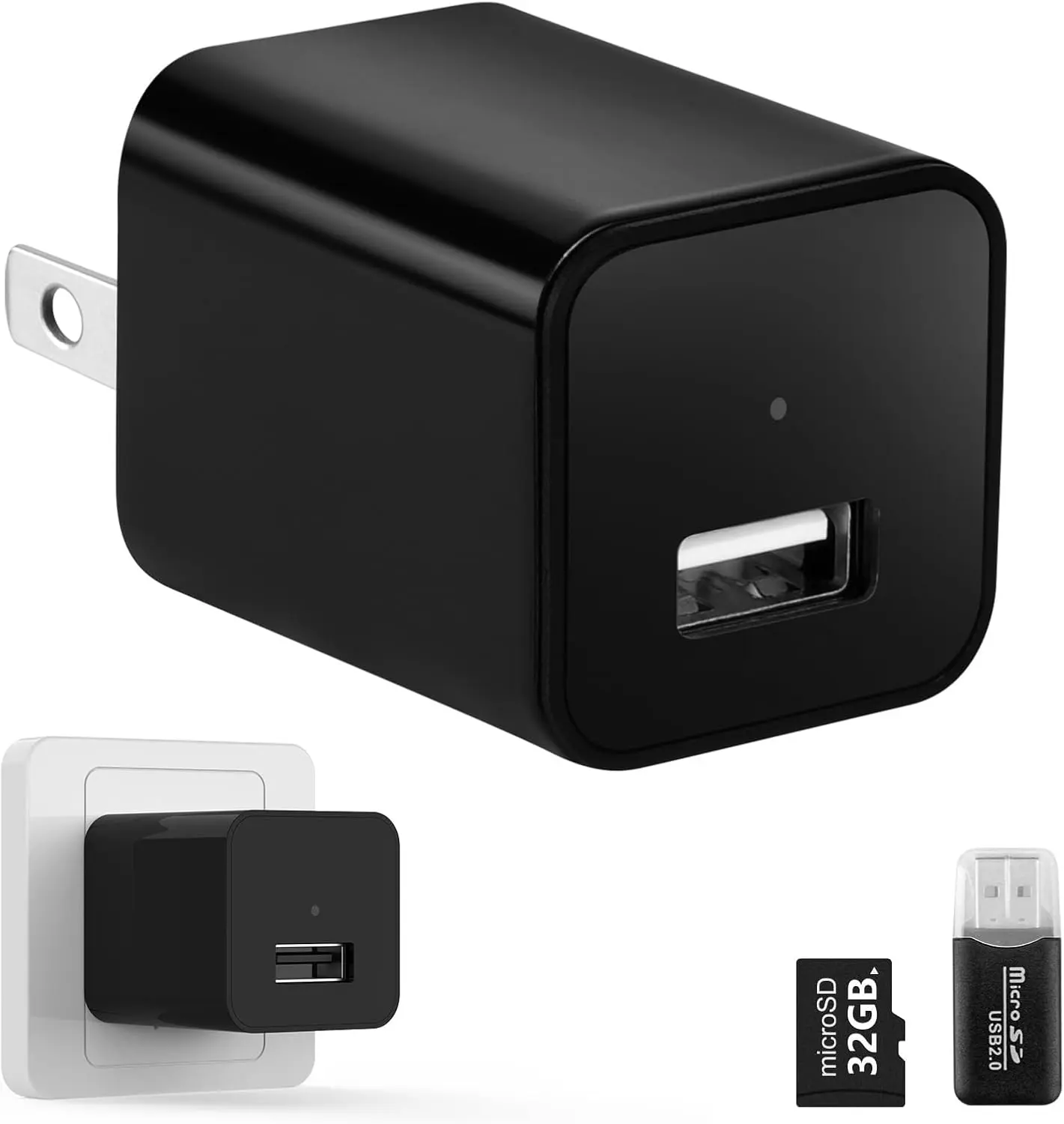 No Audio Charger Camera - Video-Only 1080P Small Camera with Detection - Covert Nanny Cam for Home Indoor Security - 32GB SD Card Included
