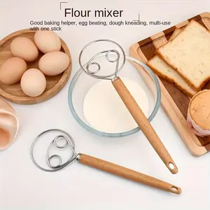 Stainless Steel Manual Dough Mixer, Handheld Flour Beater with Wooden Handle, Non-Stick Bakeware, Egg Whisk, Kitchen Gadget for Bread Making