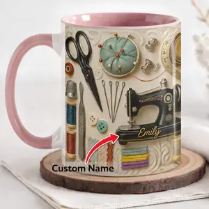 Stylish Glossy 3D Effect Sewing Ceramic Mug, Personalized Custom Name Quilter Cup for Seamstress Hobbyists, Pink-Accented Washable Drinkware for Tea & Drink Use
