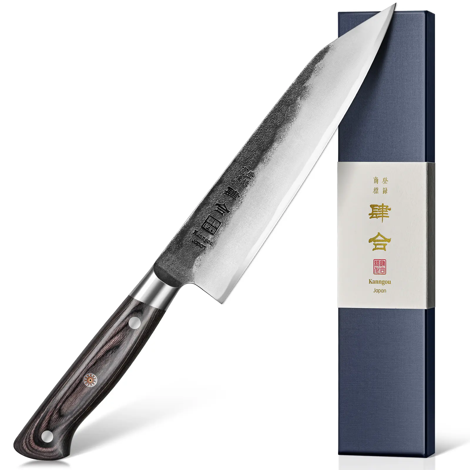 Kanngou 8.27in Kiritsuke Chef Knife - Razor Sharp Japanese Kitchenware, High Carbon SS Blade, Full Tang Pakkawood Handle, Curved Tip Cutting Tool for Meat, Birthday Gift for Dad