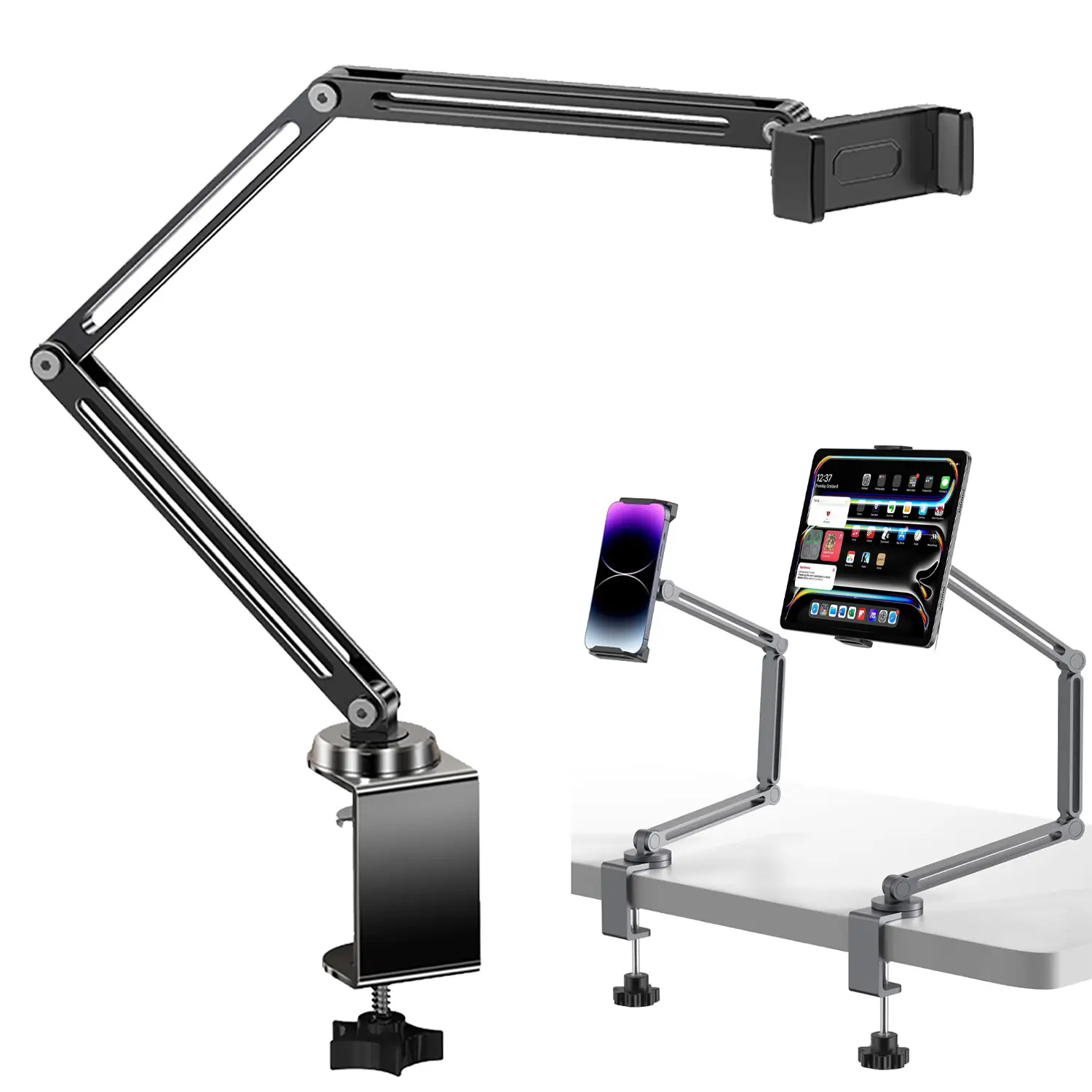 2-in-1 Aluminium Metal Cellphone & iPad Stand, 360° Angle Adjustable Gooseneck Arm Desk Clip Mount, Mobile Device Accessory for Work, Video Calls
