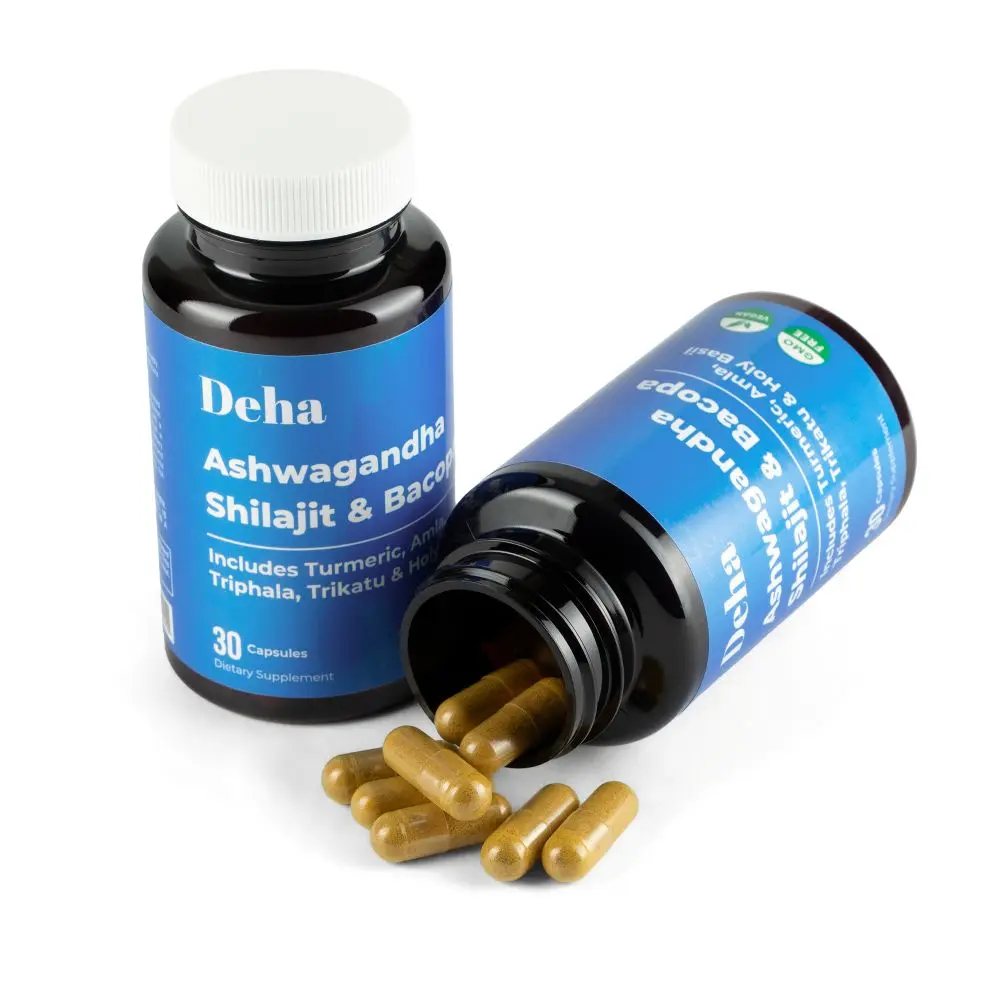 Deha Ashwagandha Shilajit Bacopa Veggie Capsules with Turmeric Amla Triphala for Mood & Stress Support Non-GMO Vegan 30 Count Ayurvedic Supplement Dietary