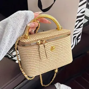 New Minimalist Crossbody Bag, Casual Versatile Woven Straw Lunch Box Bag with Chain Strap Shoulderbag Everyday Purse Handbag  Make Up Bag for Woman for Shopping Traveling Party Daily Outgoing