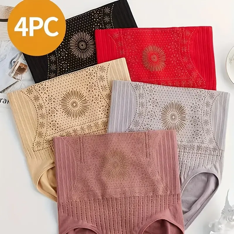 4pcs Elegant High-Waisted Shapewear Panties - Tummy Control, Butt Lifting, Slimming, Breathable Knit Fabric with Jacquard Pattern, Copper Inject Design, Seamless Comfort for Daily Wear (Black, Red, Beige, Purple), Tummy Control Underwear