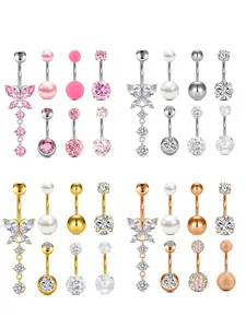 Stainless Steel Cz Belly Ring Set, Elegant Design, 7-Piece Body Piercing Jewelry Kit for Women & Girls, Perfect Holiday Gift Idea