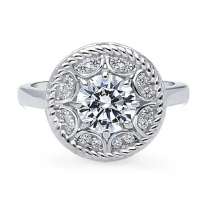 Cable Halo Art Deco CZ Ring in Sterling Silver
