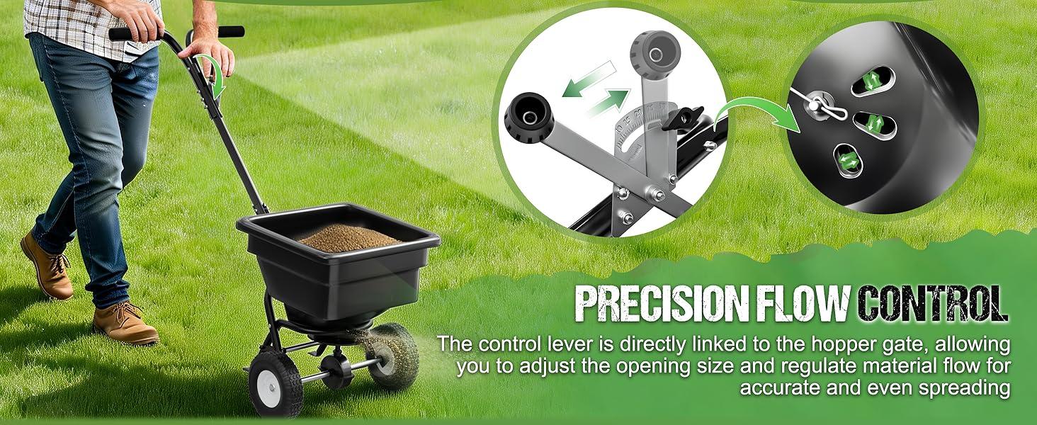 Fertilizer Spreader 100LB Capacity, Walk-Behind Push Broadcast Spreader with Hopper Screen & Rain Cover, 0–10FT Spreading Width, Seed & Salt Spreader, 12" Pneumatic Wheels, 30-Level Flow Control