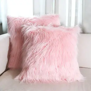 Set of 2 Pink Fur Throw Pillows Fluffy Pillow Covers 18"x18", Faux Fur Pillow Covers Luxury Series Merino Style Decorative Pillows Case for Living Room Couch Bedroom Car Home Decor