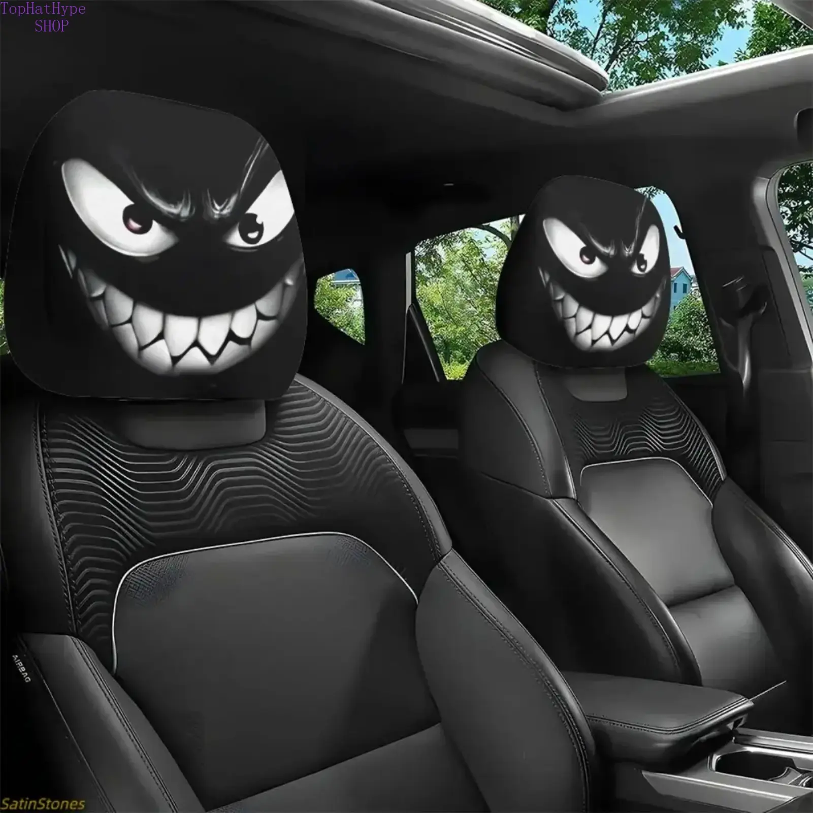 Car Headrest Covers 2-Pack, Stylish Evil Smiley Print, Universal Fit with Neck Support, Fun Car Accessories for Men, Ideal for Long Trips, Accessories For Car
