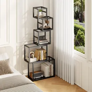 Flycity Creative square and rectangular stacked bookshelf ，5-Tier Stacked Metal Bookshelf，Creative Asymmetrical Design | Perfect for Living Room/Bedroom/Study | Holds Books, Decor, Plants, Toys & Albums，Black