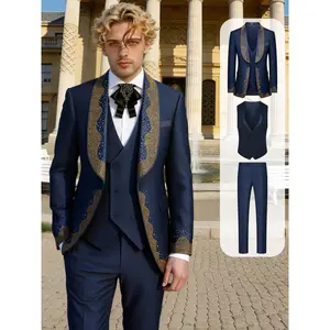Menswear LongSleeve Luxury Apple Collar Rhinestone 3-Piece Suit ,Blazer Vest Pants  Men's Elegant Tuxedo for Wedding, Host , Performance ,Men's Romantic Valentine's Day Date