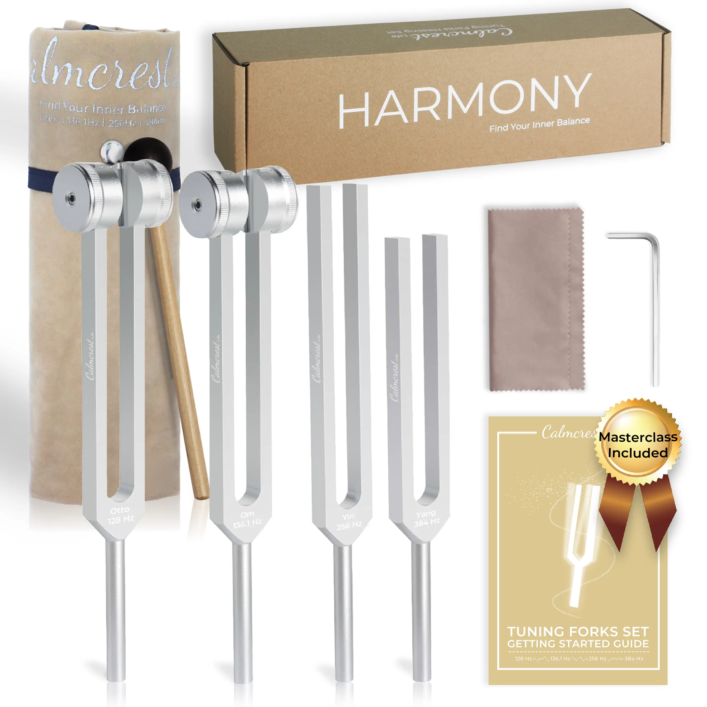 Calmcrest Harmony Tuning Forks Set 128Hz 136.1Hz 256Hz 384Hz for Sound Therapy Yoga with Bag Healing Gifts for Women & Men Therapeutic Natural Treatment