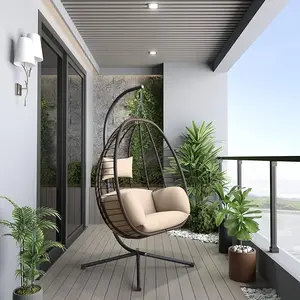 Egg Swing Chair Outdoor Indoor Wicker Rattan Hanging Chair with Stand 350lbs Capacity w/Strong Frame & Cushions for Patio Balcony Bedroom