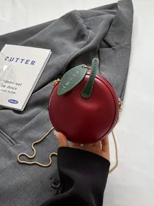 Korean Style Apple Shape Round Crossbody Bag, PU Leather Leaf Pendant Chain Mini Backpack, Sweet Commute Design, Unique Fashion Accessory