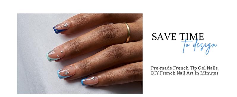 BTArtboxnails XCOATTIPS French Tip Press On Nails - Blue Short Square Fake Nail Tips, 160Pcs Soak Off Soft Gel Acrylic Nail Extension in 16 Sizes