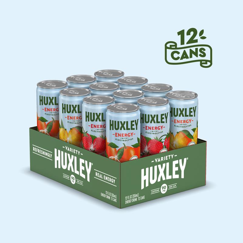 Huxley Superfruit Energy Drink Variety Pack - 90mg Natural Caffeine, Real Fruit Juice, 5g Sugar, Electrolytes, No Artificial Ingredients - 12 pack