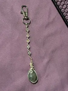 Prehnite silver-tone copper wire-wrapped keychain/purse charm