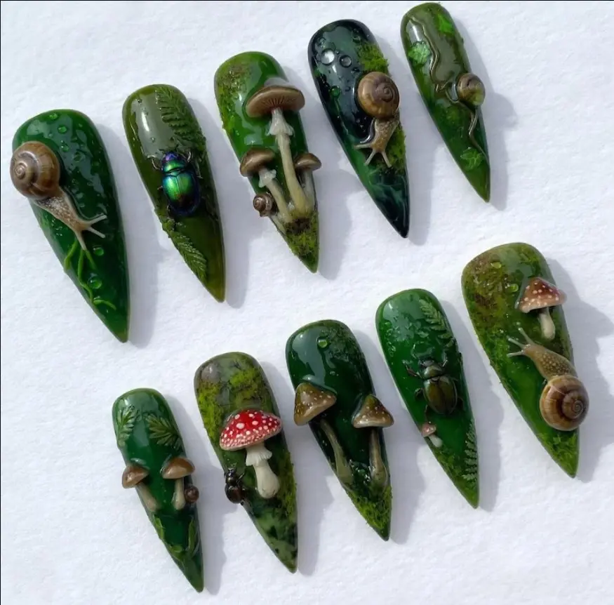 Dark Forest Fairy Press On Nails Set 3D Mushroom Snail & Bug Hand Painted Gif For Birthday Party, Wedding Nails