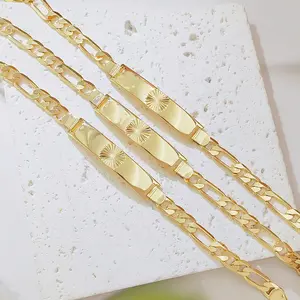 14K Gold Plated Figaro Chain ID Bracelet for Women, Sunburst Engraved Bar Bracelet, Dainty Cuban Link Chain, Personalized Minimalist Gold Jewelry Gift