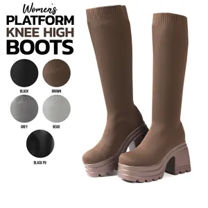 Womens Platform Knee High Boots Round Toe Chunky Block Heel Pull On Stretch Knit Fashion Dress Office Party Casual Punk Trendy Tall Comfortable Boots